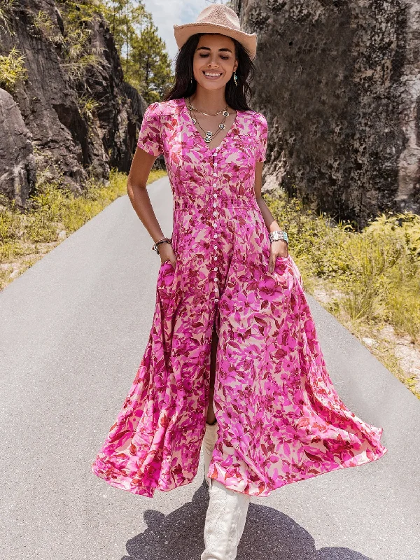 Floral V-Neck Slit Dress Tunics Brand named