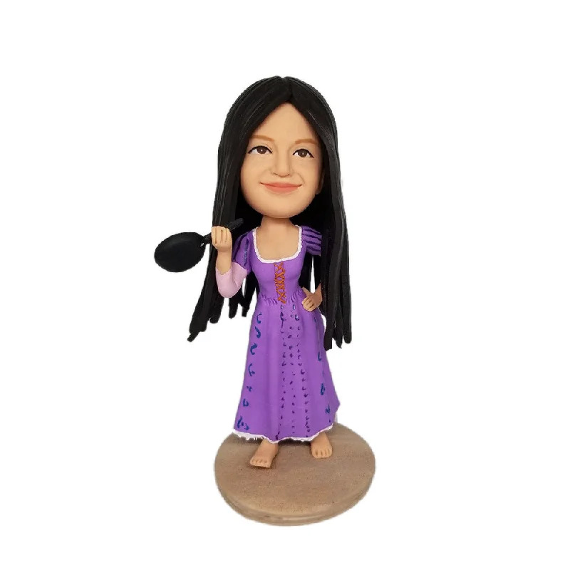 Girl in Purple Princess Dress Holding Frying Pan Custom Bobblehead Tunics Favorite customer