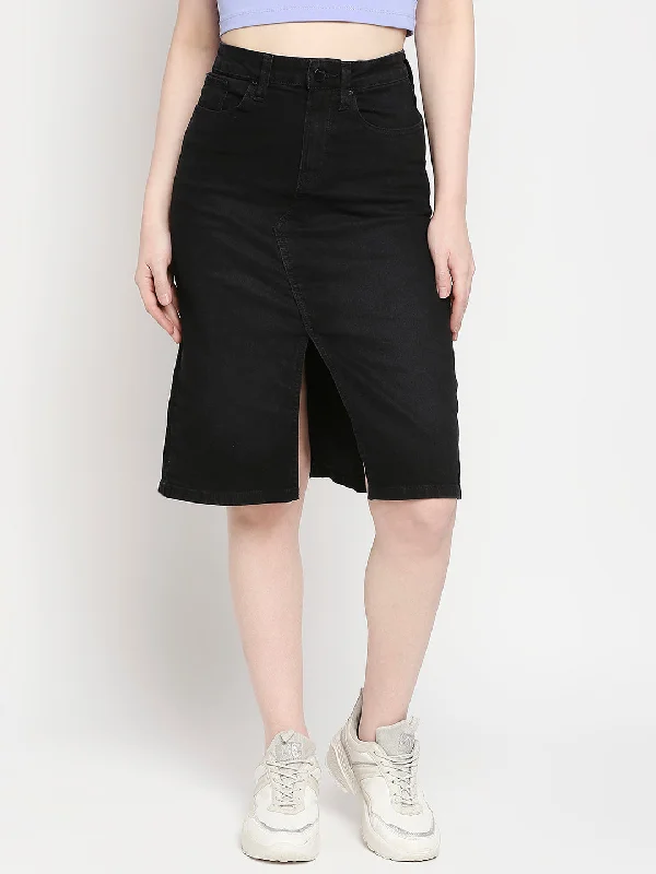 Spykar Black Cotton Straight Fit Regular Length Skirt For Women (Bella) velvet skirt glossy