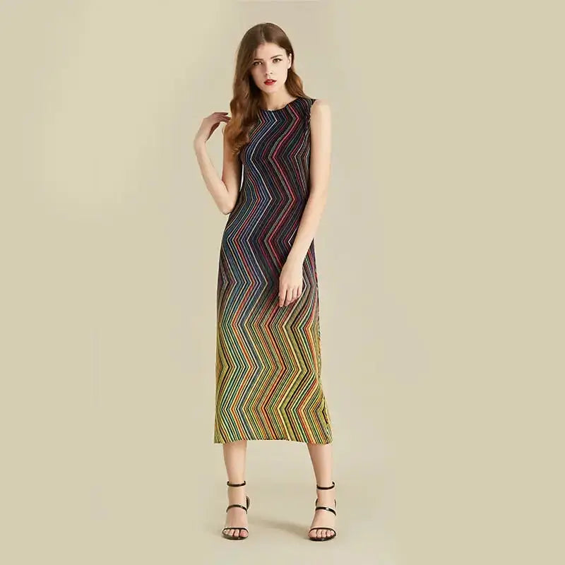 Pleated dress women sleeveless colorful striped halter long length Tunics Hiking breathable