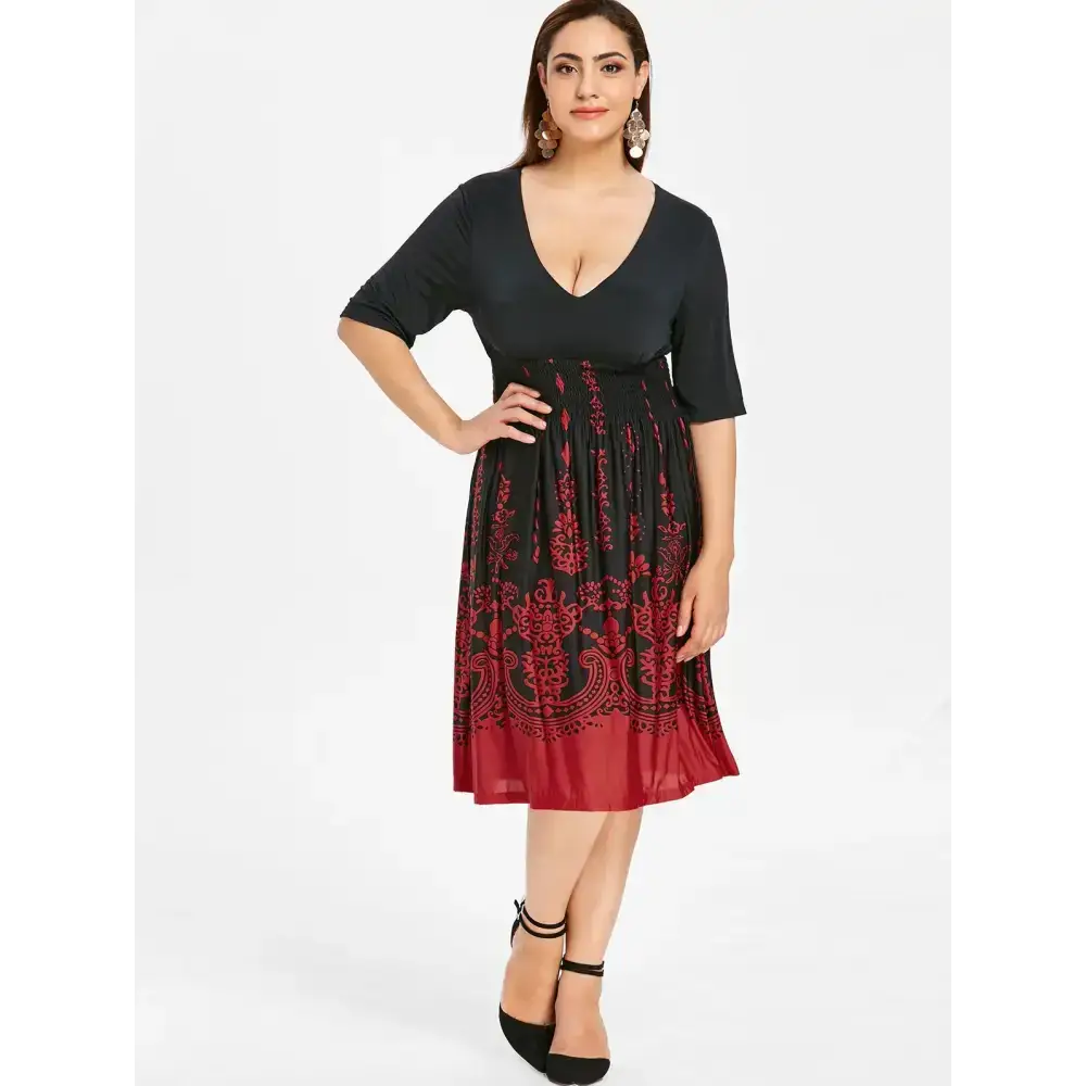 Plus size shirred graphic dress Tunics Yoga stretchy