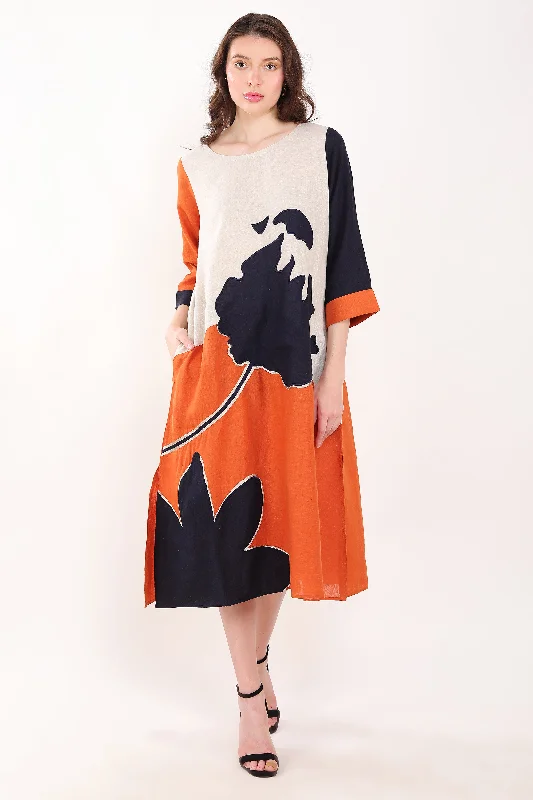 Orange and Navy Big Flower Embroidered Dress Tunics Luxurious high-end