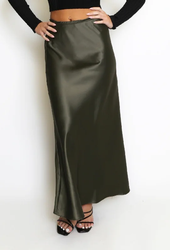 Khaki green satin maxi skirt denim skirt trendy