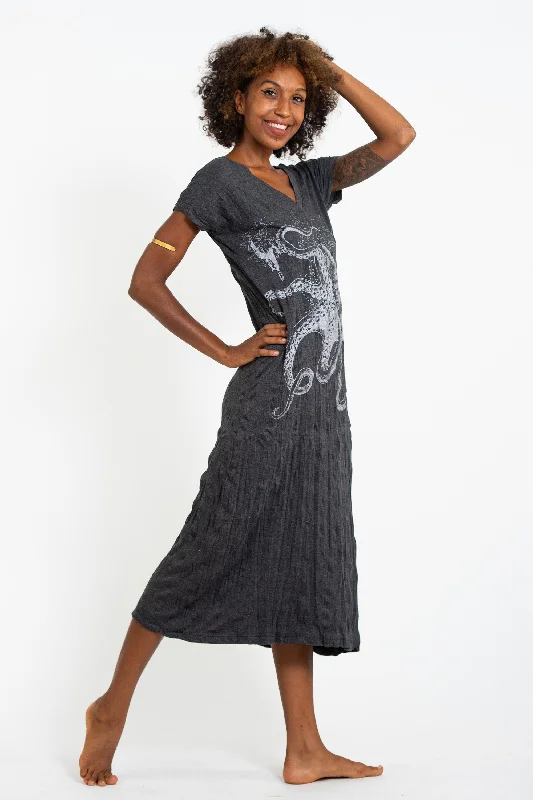 Sure Design Womens Octopus V Neck Tee Dress Silver on Black Tunics Sophisticated sleek