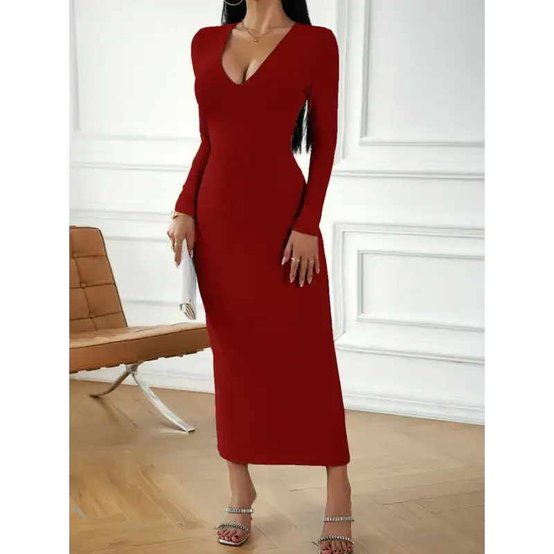 Fashion women’s new sexy v-neck hip-hugging long-sleeved dress Tunics Fall fleece