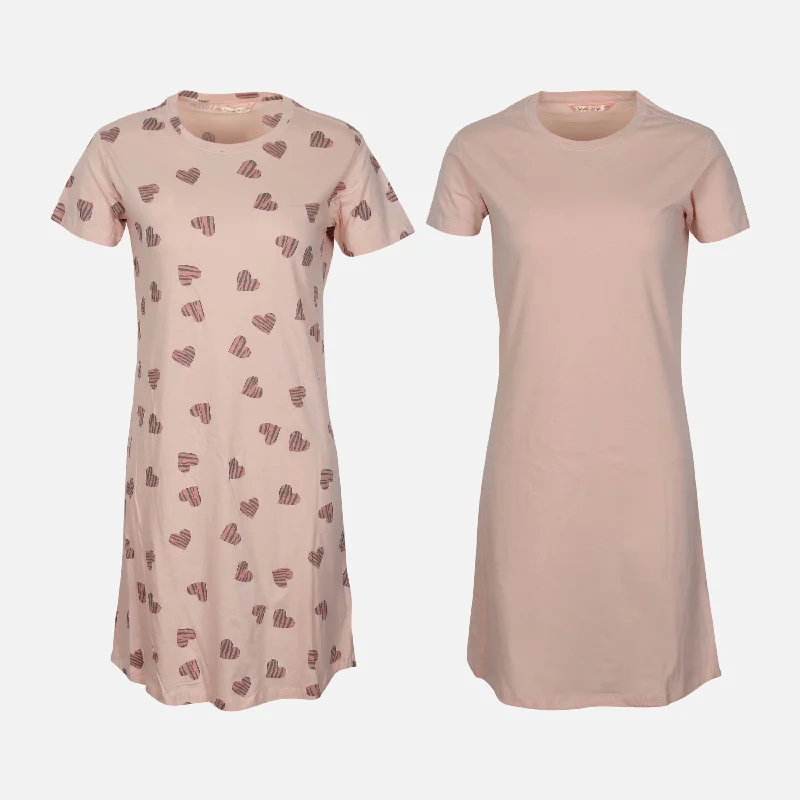 LADIES COTTON SHORT SLEEVE SLEEP DRESS SET (2 PACK) Tunics Solid Classic