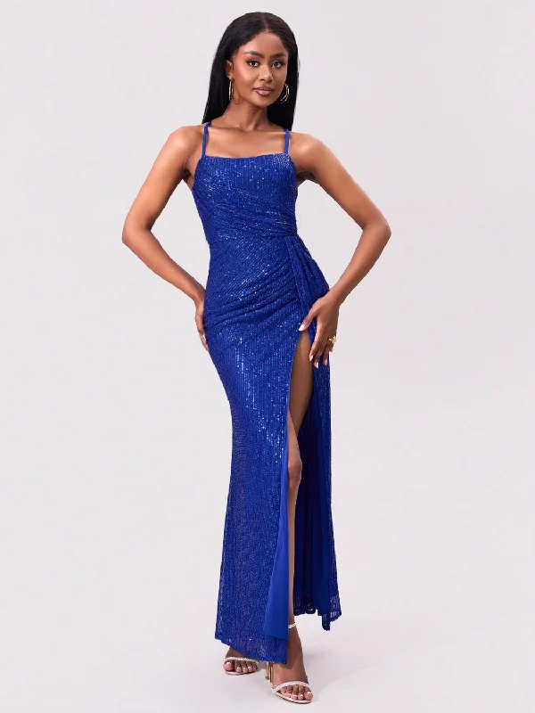 Slit Sequin Square Neck Spaghetti Strap Dress Tunics Winter warm