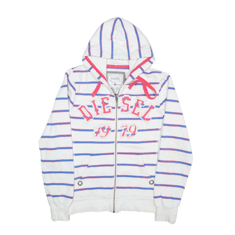 DIESEL Striped Hoodie White Full Zip Womens L Hooded Sweatshirt Casual Wear Street Style
