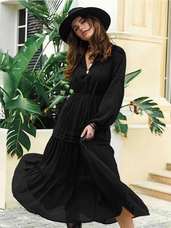 Mona Tie Neck Long Sleeve Midi Tiered Dress Tunics Essential wardrobe