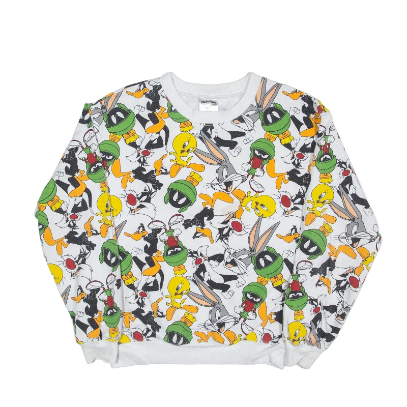 LOONEY TUNES Character Sweatshirt White Womens S Hoodie with Side Slits Relaxed Casual