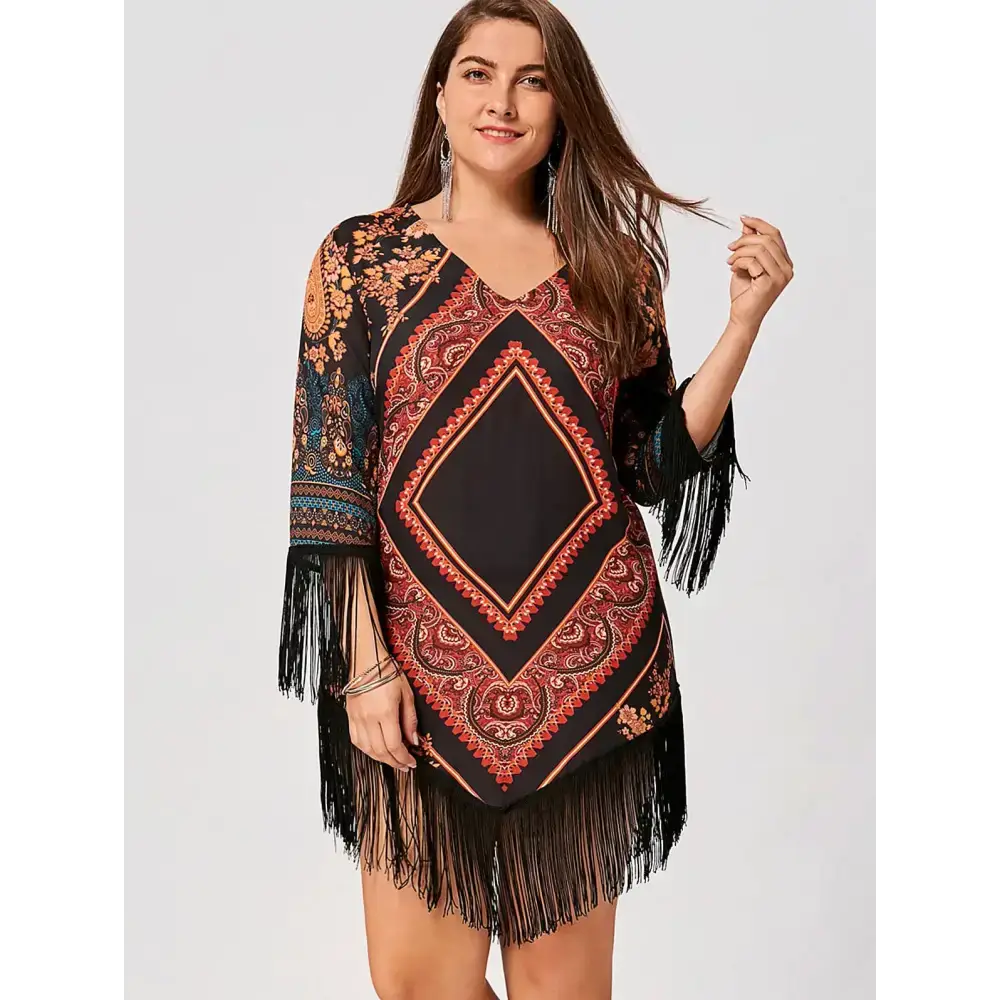 Plus size tribal printed chiffon tassel dress Tunics Leisure comfortable