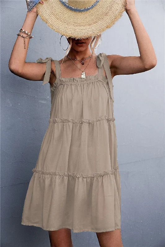 Alex Frill Tiered Tie Shoulder Mini Cami Dress empire Waist empire