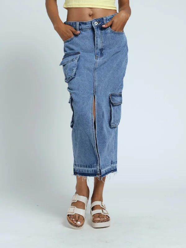 Denim Utility Midi Skirt - Mid Blue corduroy skirt durable