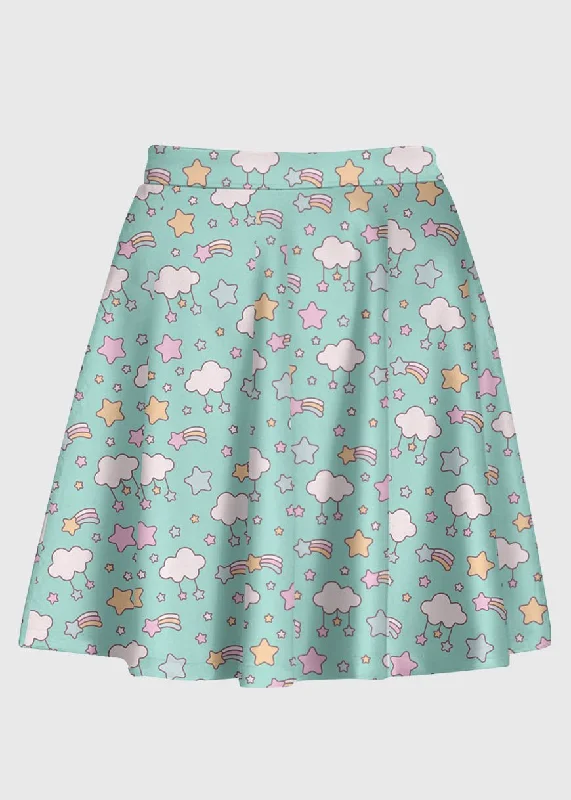 Plus Size Kawaii Cloud Stars Mint Skirt linen skirt relaxed