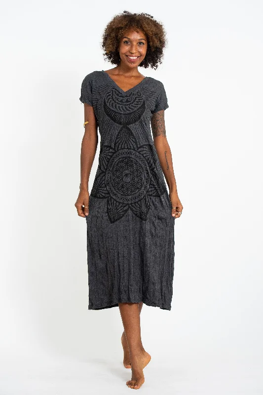 Sure Design Womens Sacred Geometry Mandala V Neck Tee Dress Black Tunics Fashionable trendy