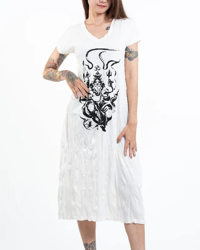 Sure Design Womens Ganesh Chakra V Neck Long Dress in White Tunics Custom made