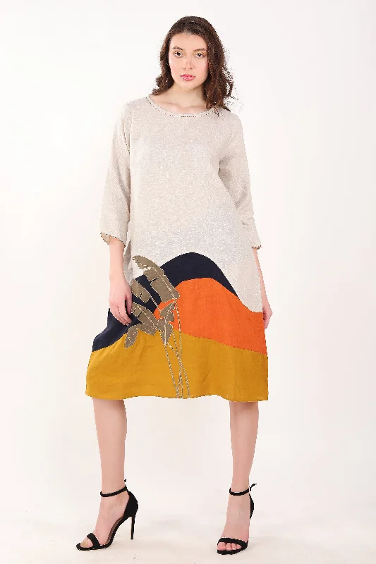 Beige Big Leaf Embroidered Dress Tunics Sophisticated sleek