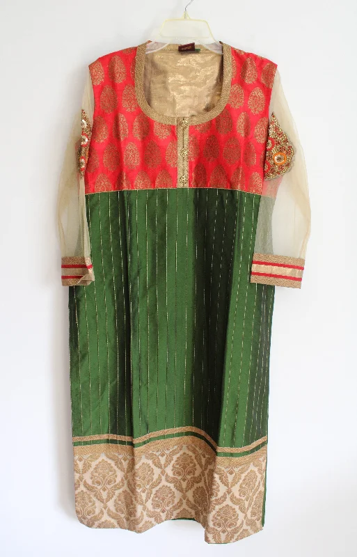 Mee Gold Red & Green Long Sleeved Tunic Dress | XL Off-the-shoulder Chic Trendy