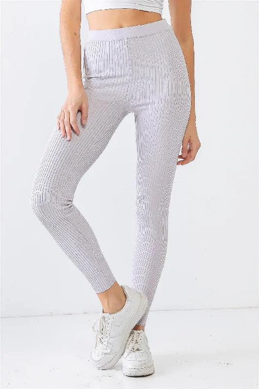 Light Purple Ribbed Stretchy Athletic Leggings /3-2-1 Comfortable Leggings with Pockets