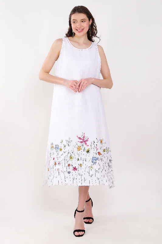 White Sleevless Dress With Floral Embroidery Tunics Fashionable chic