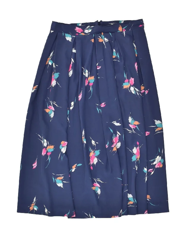 VINTAGE Womens Pleated A-Line Skirt W29 Medium Navy Blue Floral linen skirt natural