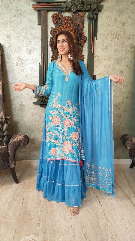 Two Piece Blue Skirt Sharara Set lightweight skirt design