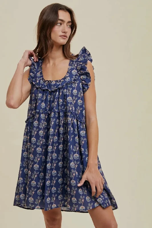 Floral Ruffle Navy Dress Crew Neckline Casual