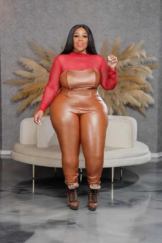 Camel Faux Leather Leggings Cozy Sweat-Wicking Leggings