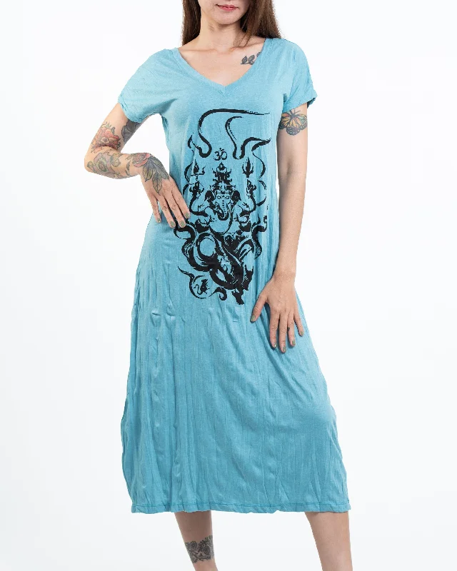 Sure Design Womens Ganesh Chakra V Neck Long Dress in Turquoise Tunics Handmade artisanal