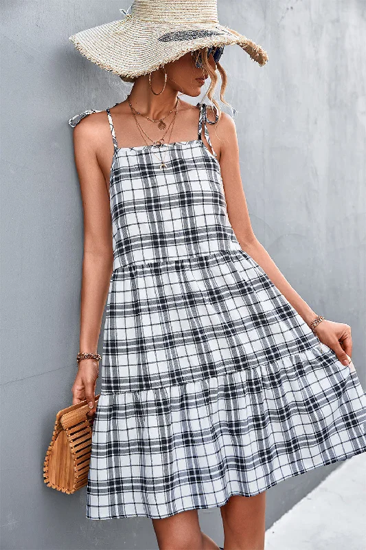 Jill Plaid Tie-Shoulder Tiered Dress Boatneck Modish Everyday