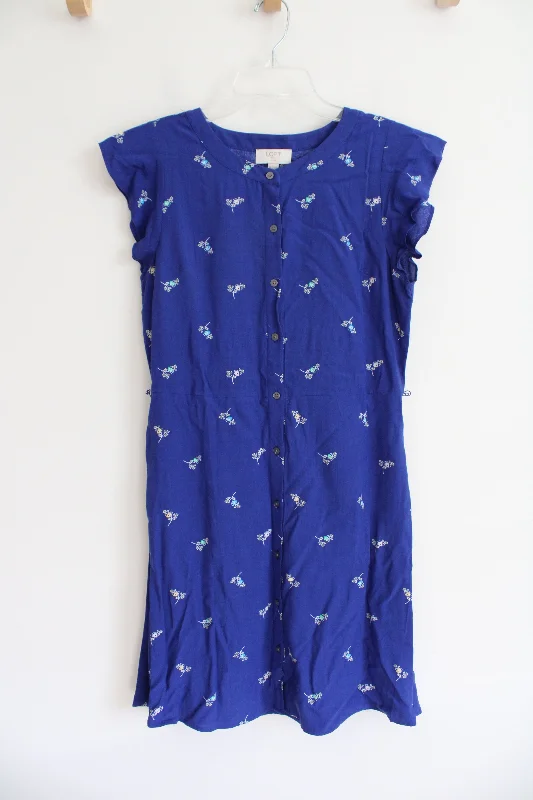 LOFT Blue Floral Button Down Dress | 4 Petite Shift Classic Vintage