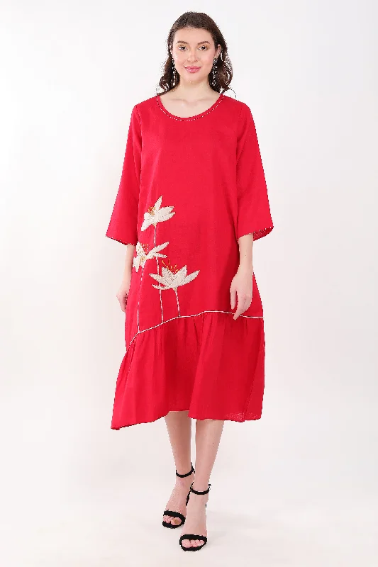 Red Embroidered Floral  Dress Tunics Trendy modern