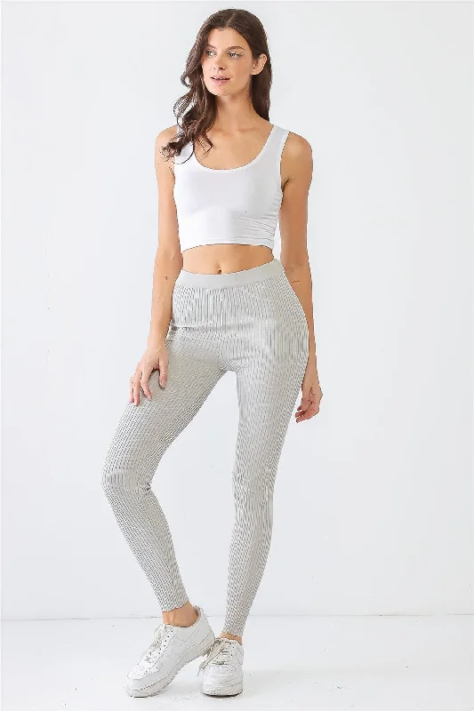 Silver Ribbed Stretchy Activewear Athletic Leggings /3-2-1 Trendy Faux Suede Leggings