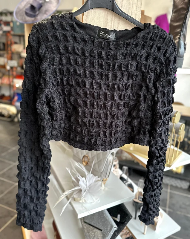 Black bubble texture long sleeve top & ruched front mini skirt two piece wool skirt sturdy