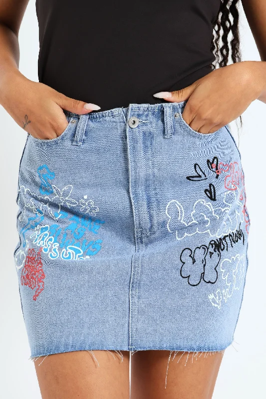 Graph Printed Denim Mini Skirt - Stonewash floral skirt print
