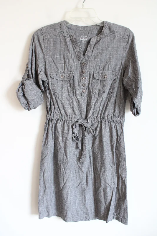 Cabela's Drawstring Gray Chambray Dress | M Tunics Long Elegant