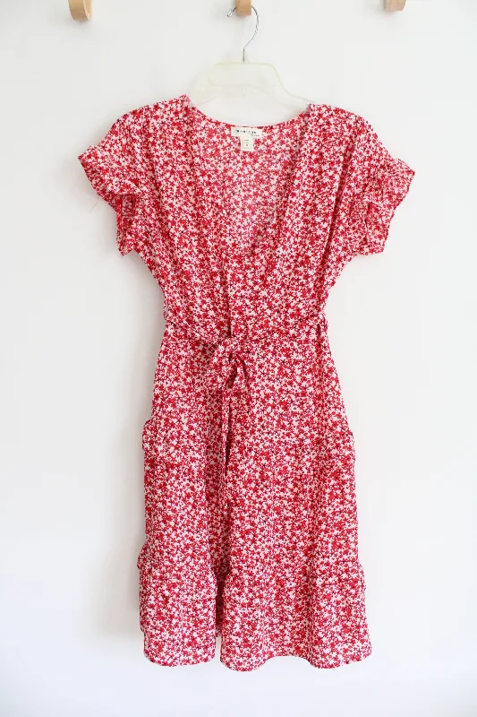 Monteau Red White & Blue Floral Ruffled Sleeved Dress | M Maxi Flowy Bohemian