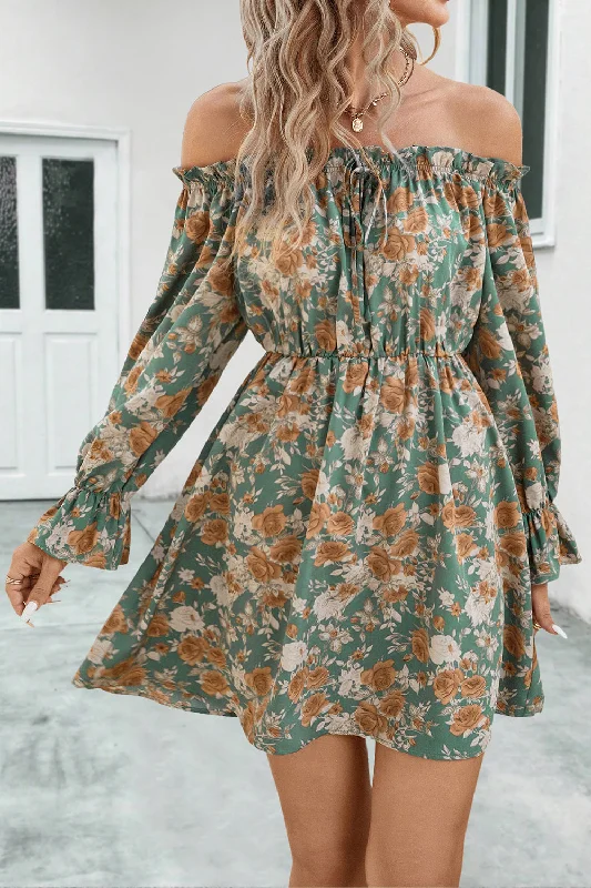 Vicki Floral Off-Shoulder Flounce Sleeve Dress Tunics Satin smooth