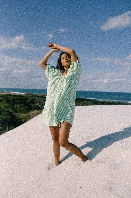 The Chloe Summer Dress In Seafoam Cotton Stripe Square Neckline Feminine