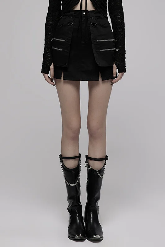 Black Heavy Industrial Hem Slit Design Multi-Pocket Zipper Trim Sexy Women's Punk Mini Skirt chiffon skirt delicate