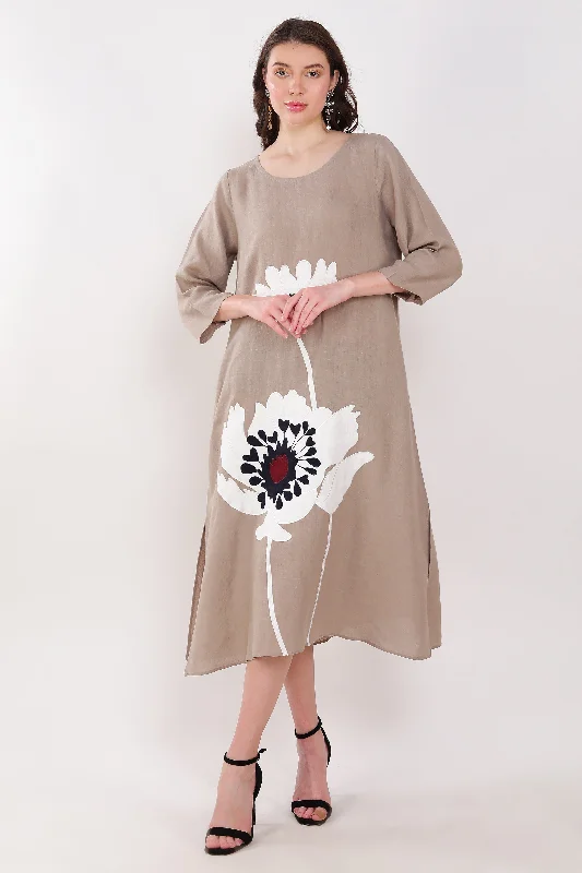 Khakhi Big Floral Embroidered Dress Tunics Versatile all-occasion