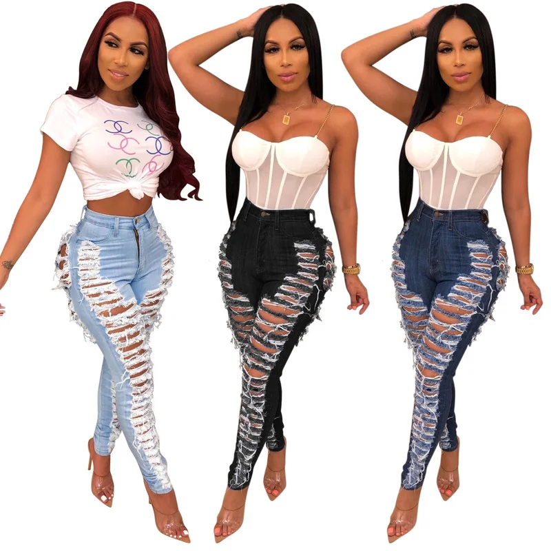 Wholesale sexy personalized hole washing slim fit elastic denim Leggings（CL9316） Stylish Colorful Activewear Leggings