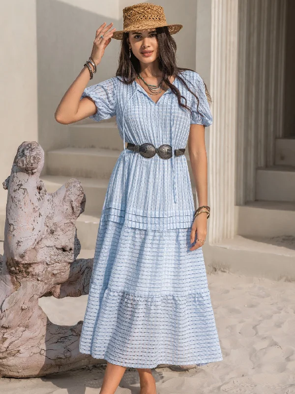 Tie Neck Balloon Sleeve Tiered Dress Tunics Seasonal trendy