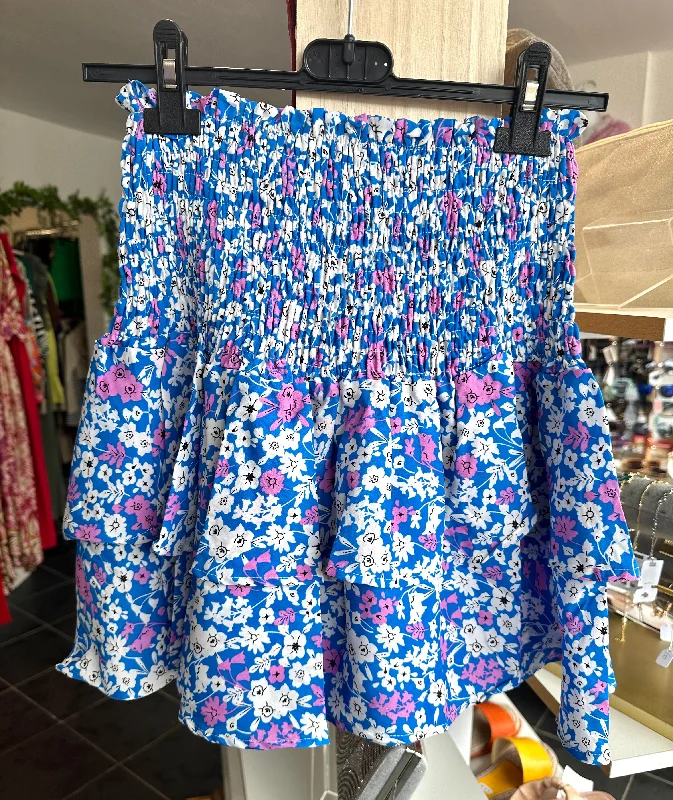 Blue floral shirred waist layered mini skirt velvet skirt plush