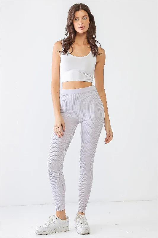 Purple Ribbed Stretchy Workout High Waist Leggings /2-3 Fashionable Embroidered Detail Leggings