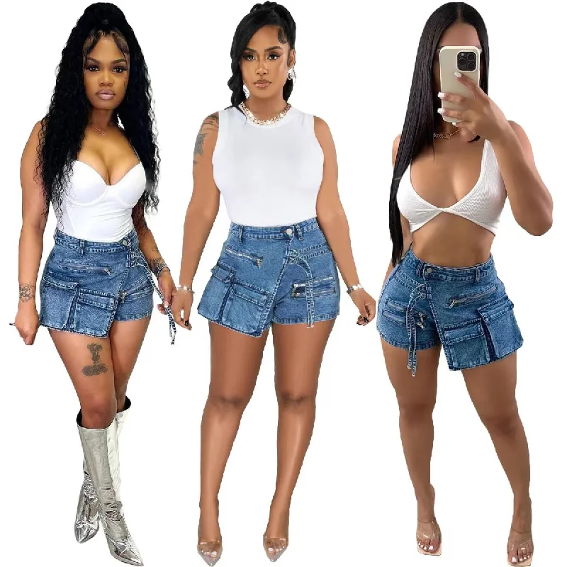 Irregular Multi-Pocket Workwear A- line Denim Skirted Leggings（CL11537） Elegant Metallic Leggings