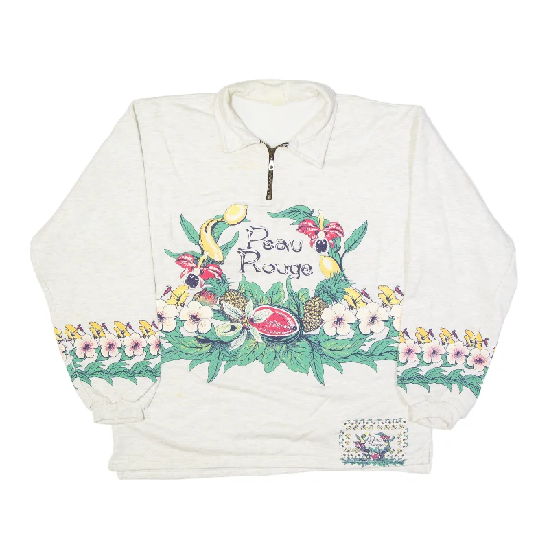 PEAU ROUGE Floral Sweatshirt Cream 1/4 Zip 90s Womens L Hoodie Sweatshirt Pullover