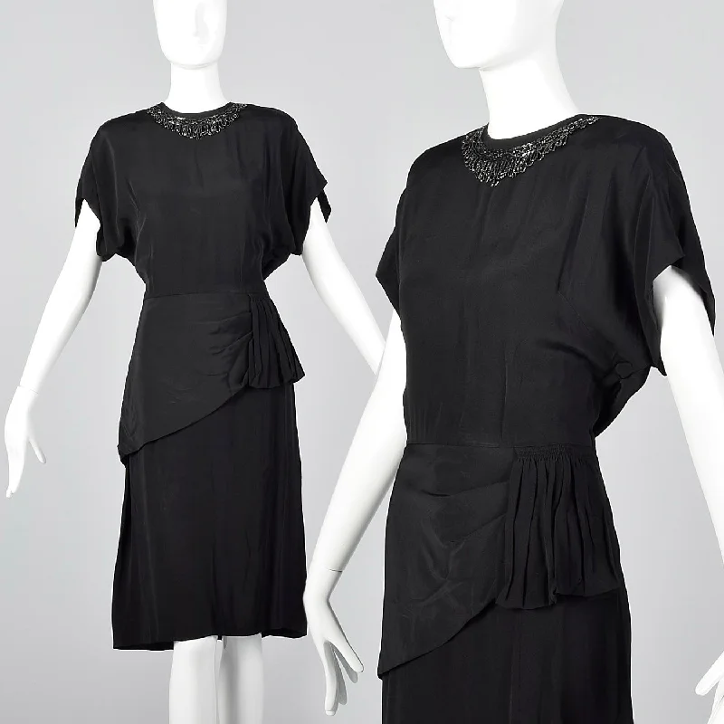 1940s Black Rayon Dress with Beaded Collar Elegant Long Evening