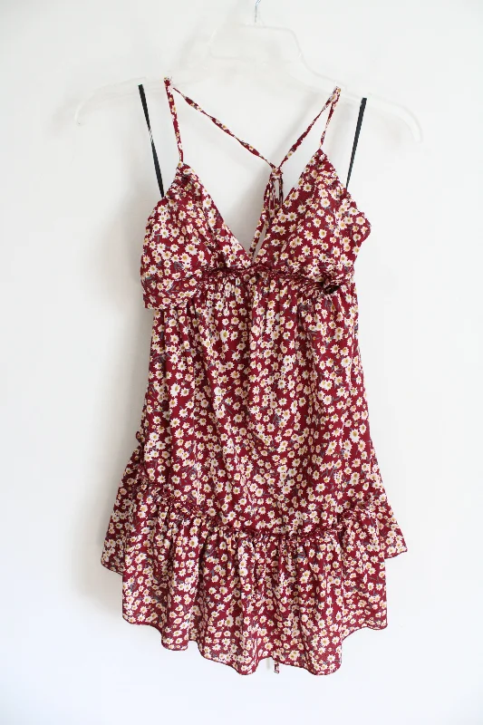 Shein White Floral Maroon Dress | S empire Waist empire