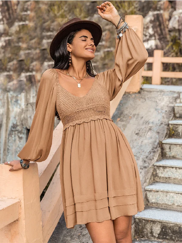 Crochet V-Neck Balloon Sleeve Dress Tunics Ceremony elegant